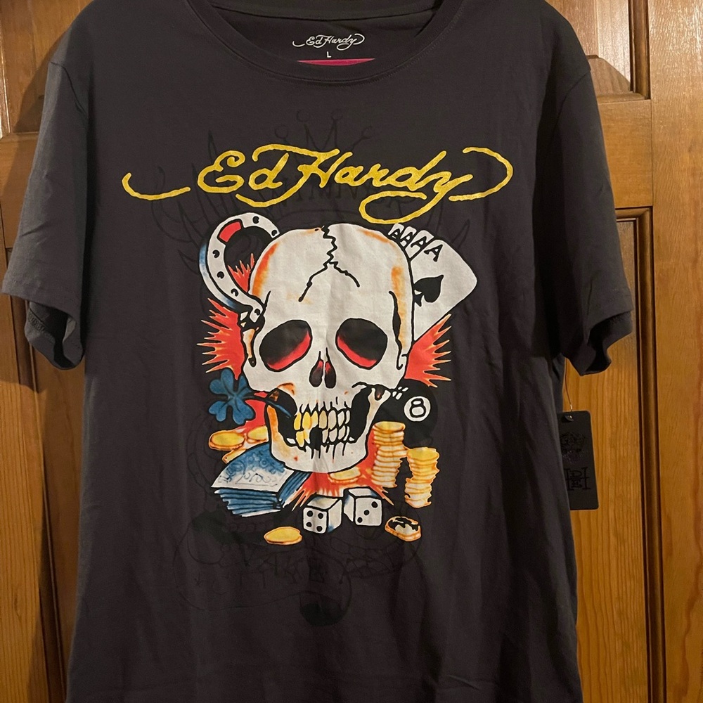 Ed Hardy Black Tee with Skull and Cards Design
